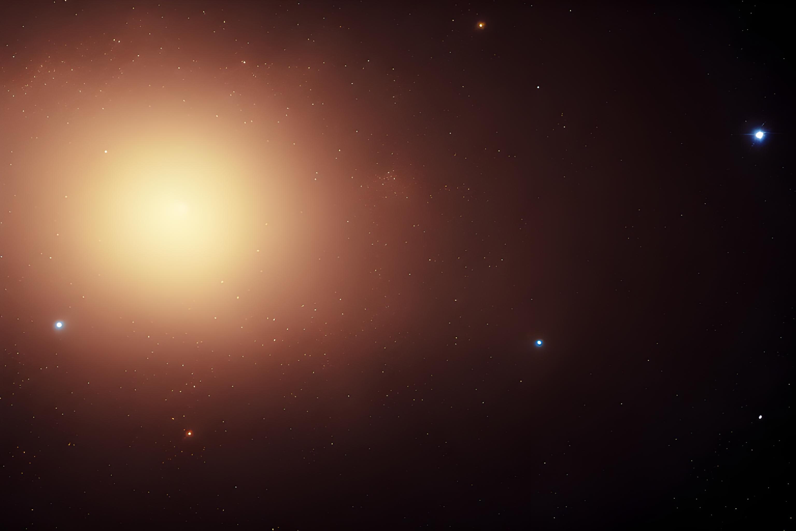 Ein Raumschiff im sternenleeren Raum zwischen den Galaxien. Eine Galaxie im Hintergrund nimmt fast das ganze Bild ein, während das Raumschiff teilweise Grüne Gärten unter Schutzkuppeln hat.